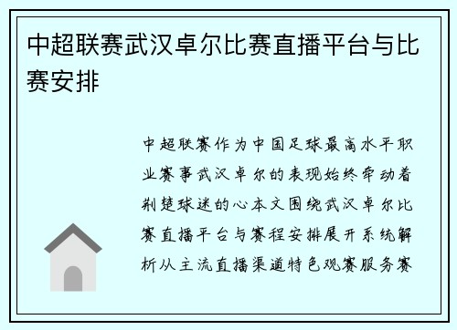 中超联赛武汉卓尔比赛直播平台与比赛安排